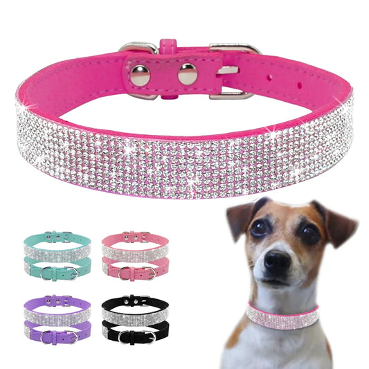 Rhinestone Dog Cat Collar Suede Leather Puppy Cats Kitten Collar for Small Dogs Chihuahua Yorkshire French Bulldog XS S M