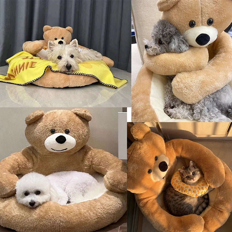 Super Soft Dog Bed Cute Winter Warm Bear Hug Cat Sleeping Mat Semi-closed Puppy Kitten Plush Nest Cushion Dog Sofa Pet Supplies