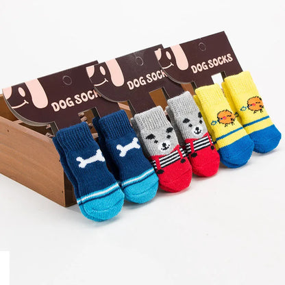 4pcs/set Dog Cartoon Socks Puppy Cute Anti Slip Dogs Cats Elastic Warm Knits Socks Small Medium Dogs Boots Pet Foot Cover New