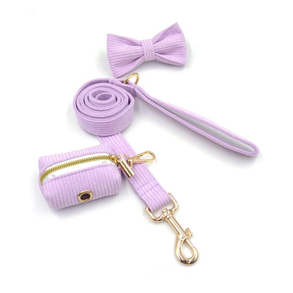 Violet Corduroy Personalized Harness for Small Dogs Cats Light Weight Puppy Bowtie Collar and Leash Set Custom Dog Accessories